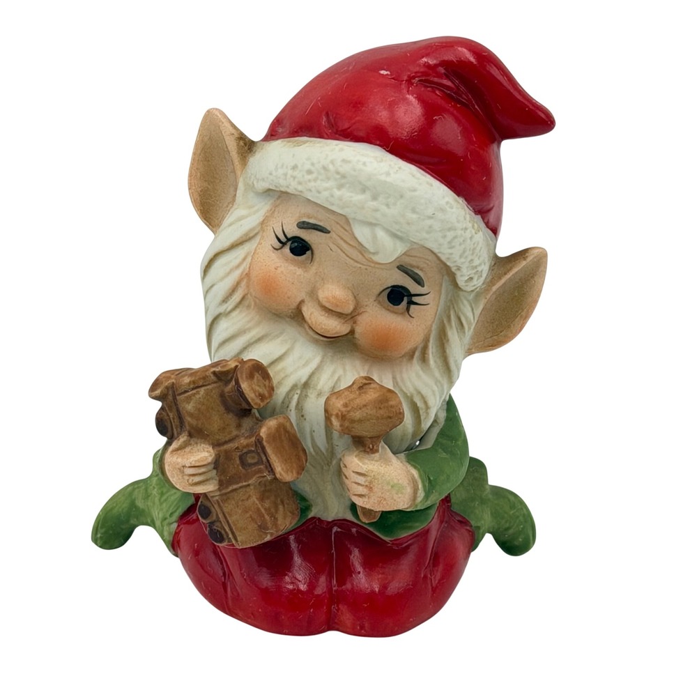 Vtg Homco Christmas Elf Pixie Figurine 5406 Ceramic Toymaker with Train 4 Inch
